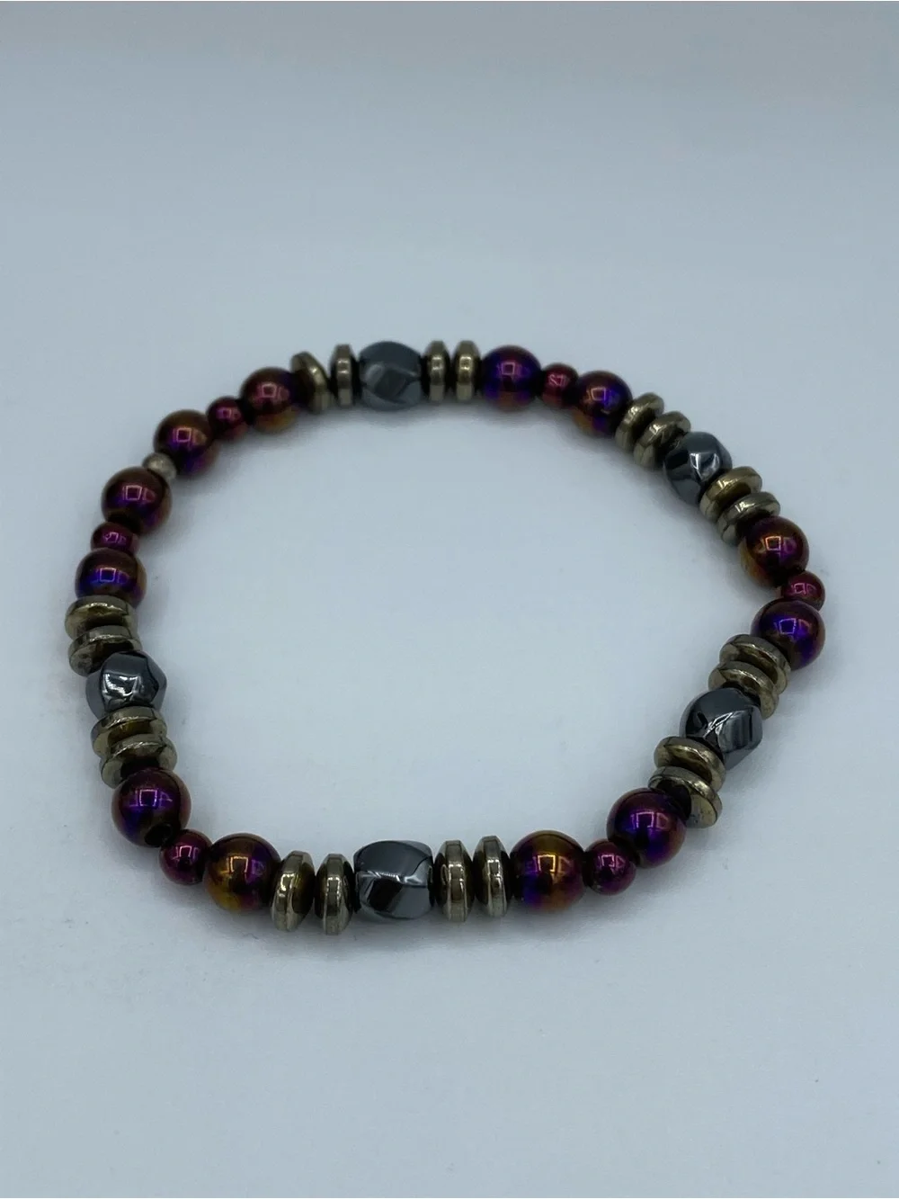 Hematite and Iridescent Purple Beaded Stretch Bracelet